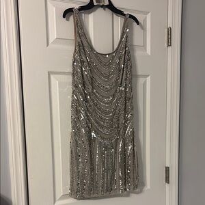 Adrianna Papell Silver Sequin Ruched Sheath Dress